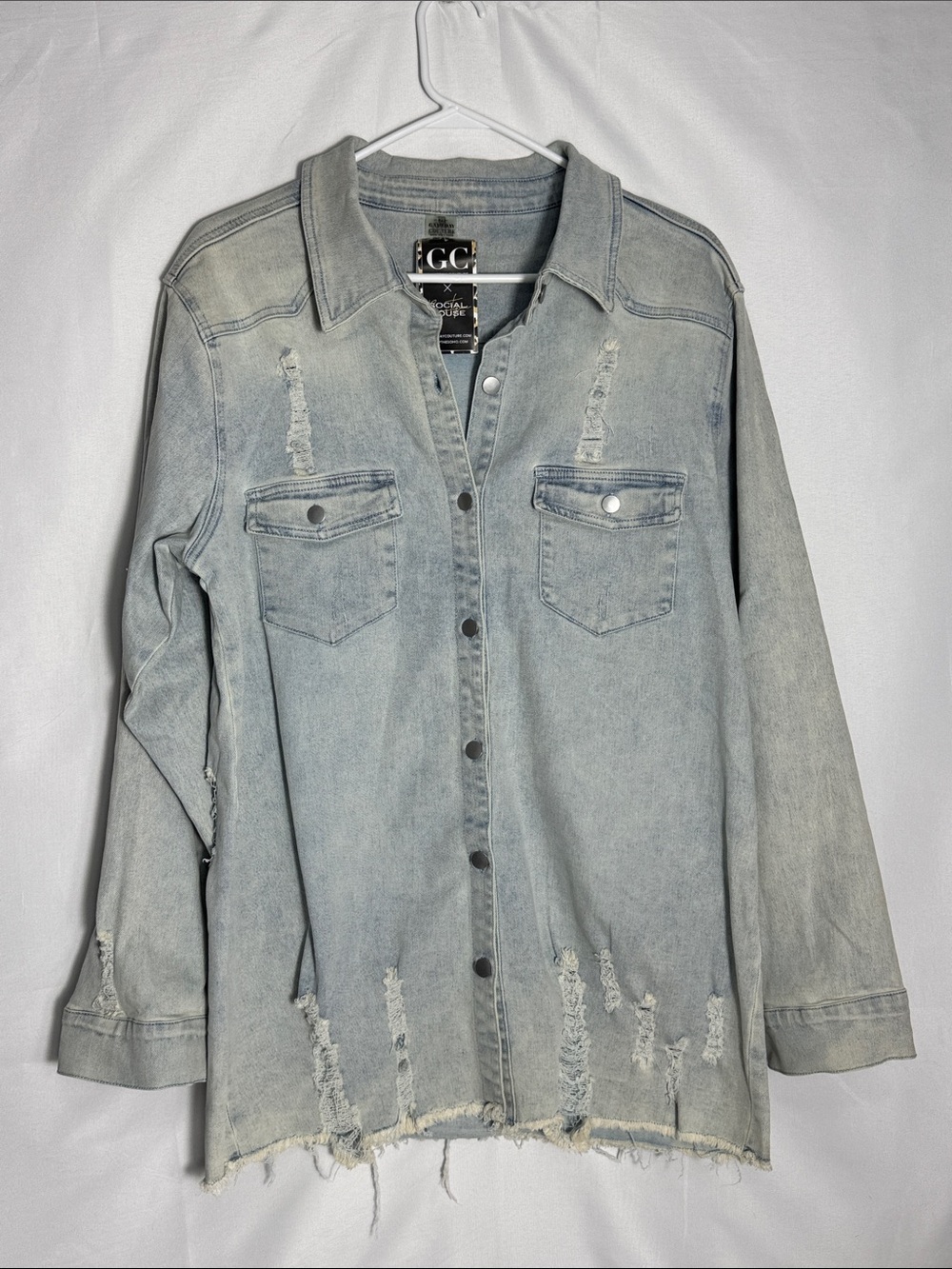 Iowa Hawkeye Light Blue Distressed Denim Button-Down Shirt-Jacket Women’s Large